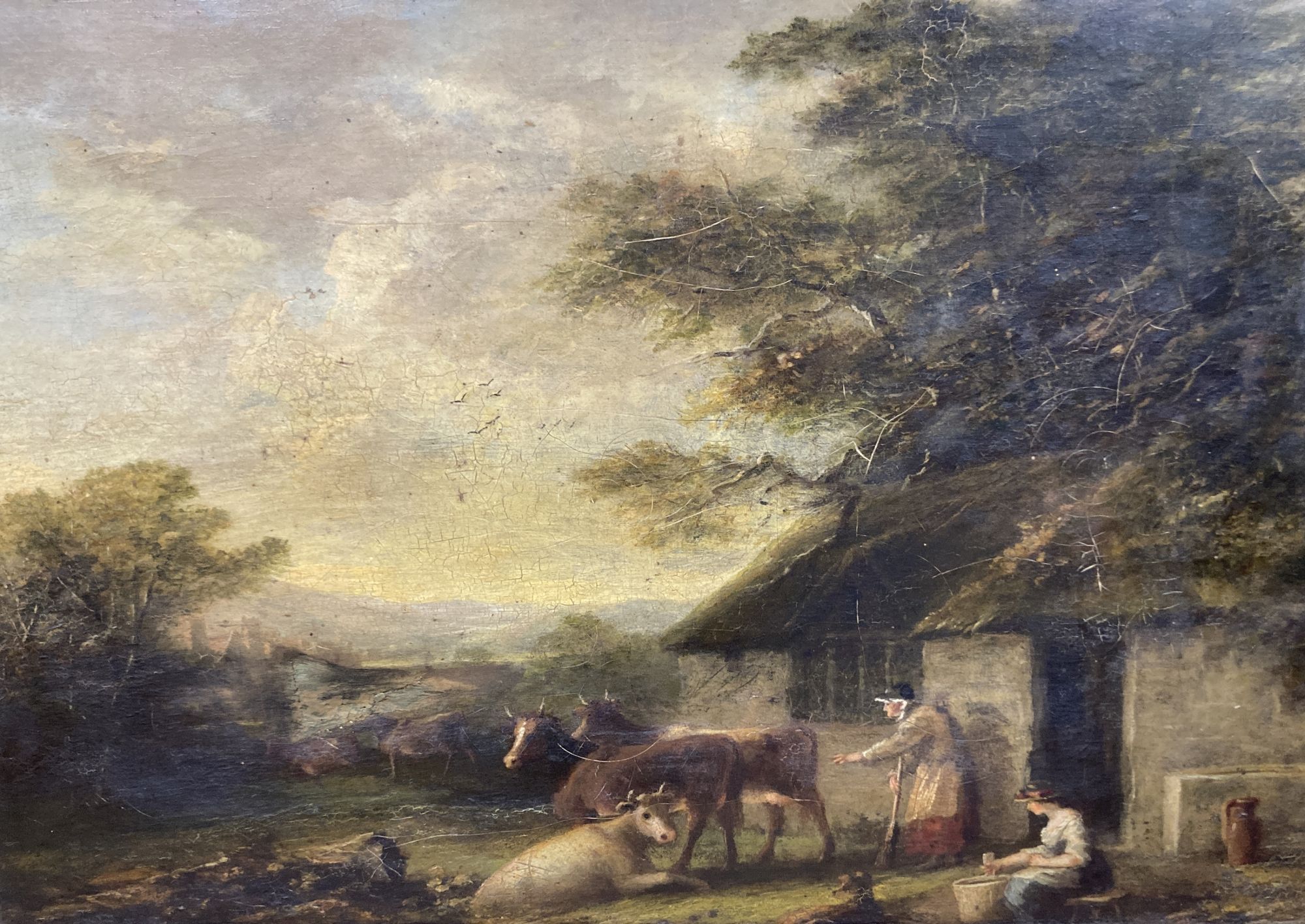 J. F. Bond, 19th century, oil on canvas, Landscape with cattle and two figures beside a cottage, inscribed verso, 37 x 55cm